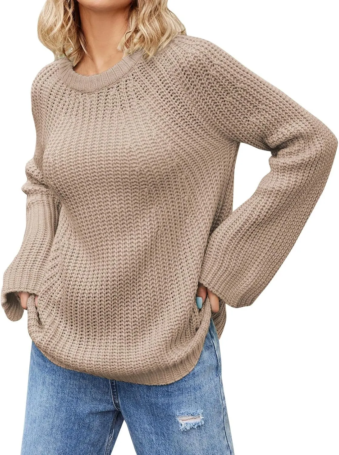 Womens Oversized Sweaters Long Lantern Sleeve Crew Neck 2024 Fall Trendy Ribbed Knit Pullover Sweater Casual Tops