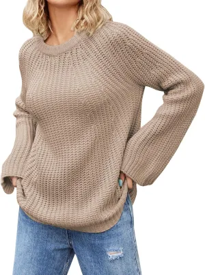 Womens Oversized Sweaters Long Lantern Sleeve Crew Neck 2024 Fall Trendy Ribbed Knit Pullover Sweater Casual Tops