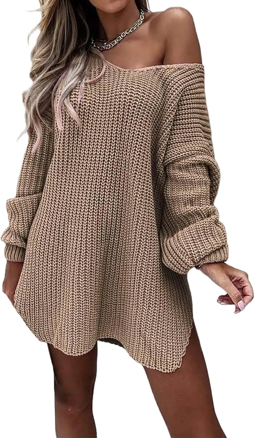 Women's Oversized Sweatshirts Off Shoulder Cable Knit Sweater Lightweight Batwing Long Sleeve V Neck Pullover Tops