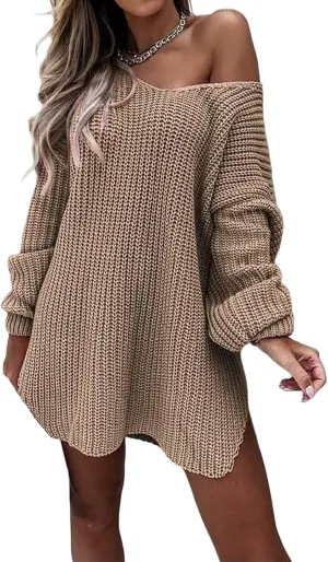 Women's Oversized Sweatshirts Off Shoulder Cable Knit Sweater Lightweight Batwing Long Sleeve V Neck Pullover Tops