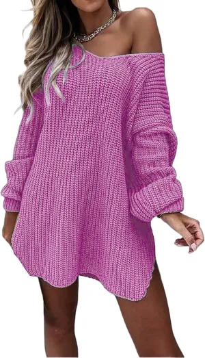 Women's Oversized Sweatshirts Off Shoulder Cable Knit Sweater Lightweight Batwing Long Sleeve V Neck Pullover Tops