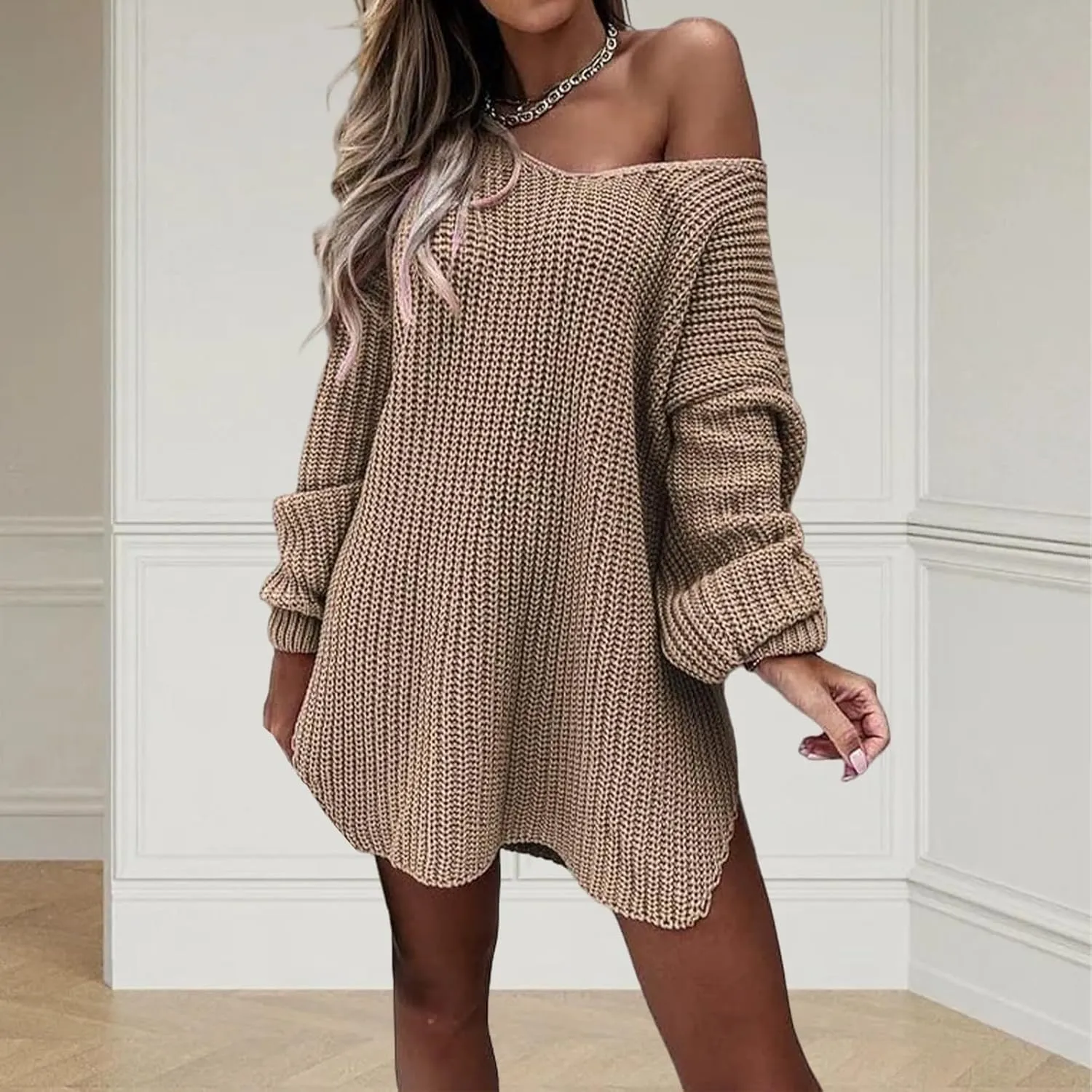 Women's Oversized Sweatshirts Off Shoulder Cable Knit Sweater Lightweight Batwing Long Sleeve V Neck Pullover Tops