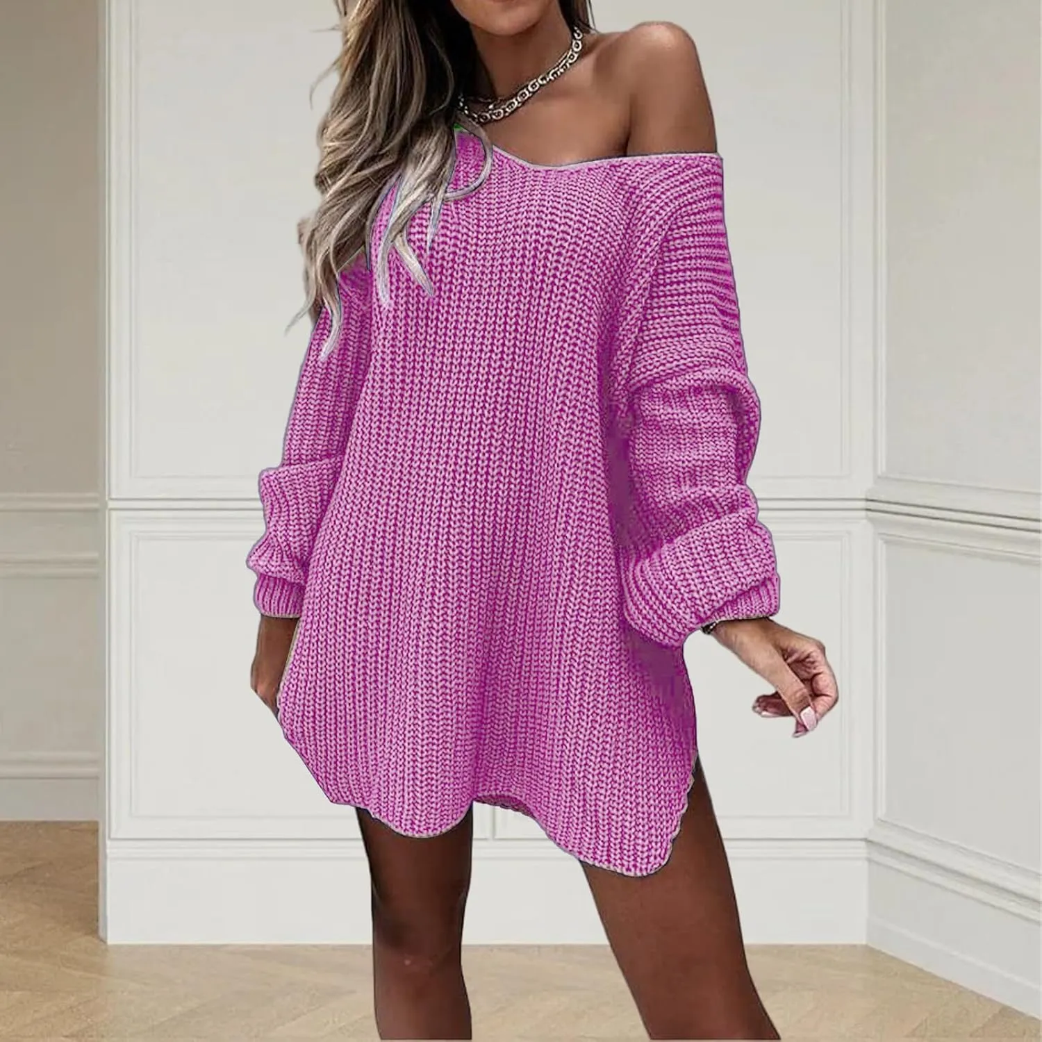Women's Oversized Sweatshirts Off Shoulder Cable Knit Sweater Lightweight Batwing Long Sleeve V Neck Pullover Tops
