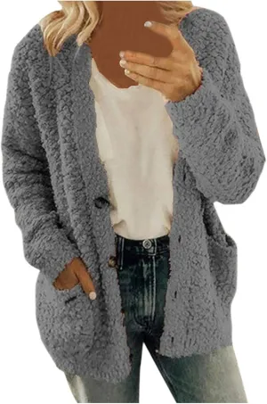 Women's Plush Fuzzy Jacket 2024 Fall Fashion Oversize Button Down Cardigan Casual Long Sleeve Outerwears with Pockets