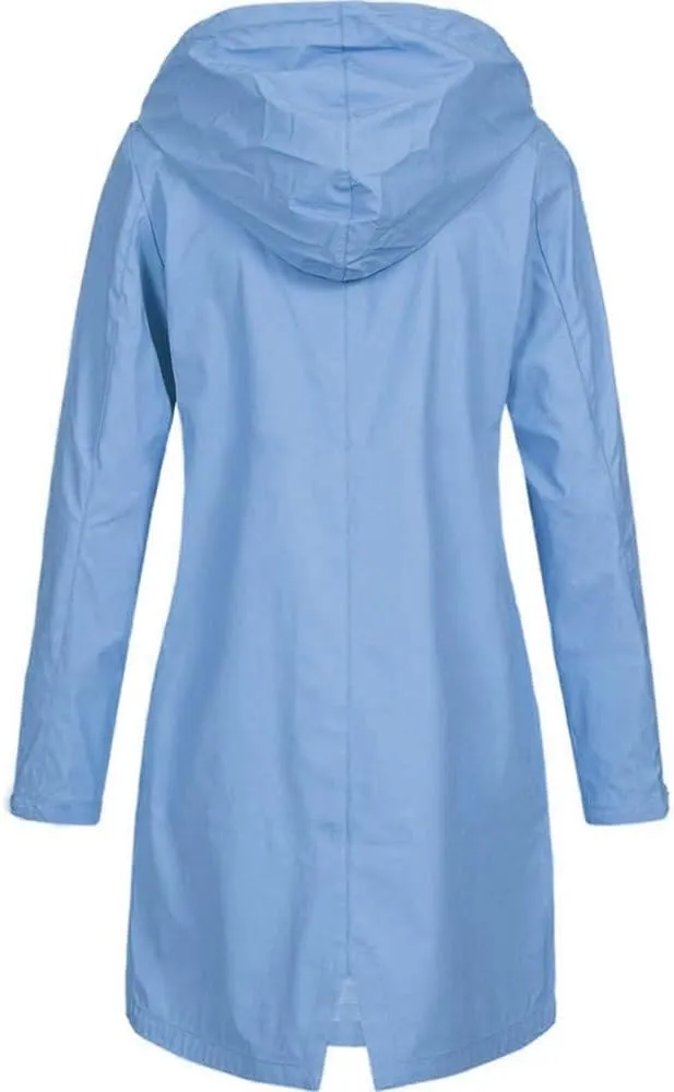 Women's Raincoat Solid Color Long Sleeve Full Zip Up Long Jacket Outdoor Lightweight Hooded Windproof Jackets Coat