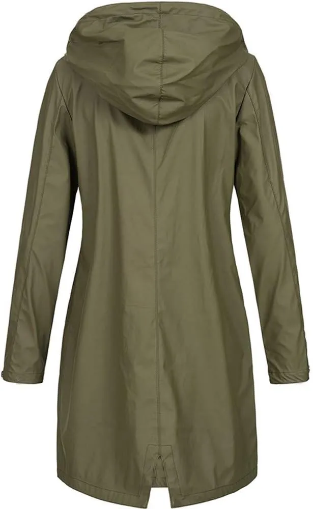 Women's Raincoat Solid Color Long Sleeve Full Zip Up Long Jacket Outdoor Lightweight Hooded Windproof Jackets Coat