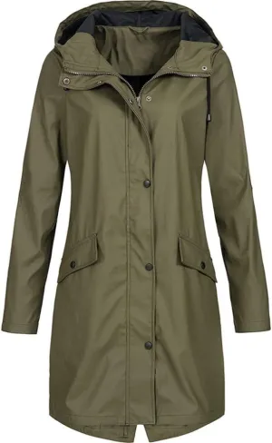 Women's Raincoat Solid Color Long Sleeve Full Zip Up Long Jacket Outdoor Lightweight Hooded Windproof Jackets Coat