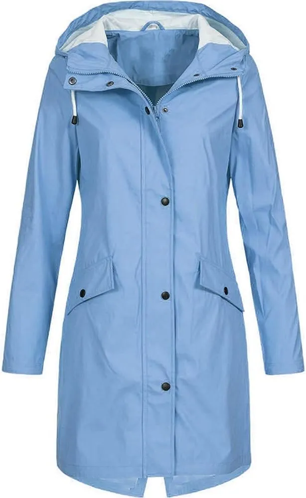Women's Raincoat Solid Color Long Sleeve Full Zip Up Long Jacket Outdoor Lightweight Hooded Windproof Jackets Coat