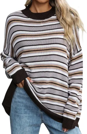 Womens Ribbed Knit Sweaters 2024 Oversized Fall Long Spilt Hem Tunic Pullover Tops Crew Neck Striped Jumper Tops