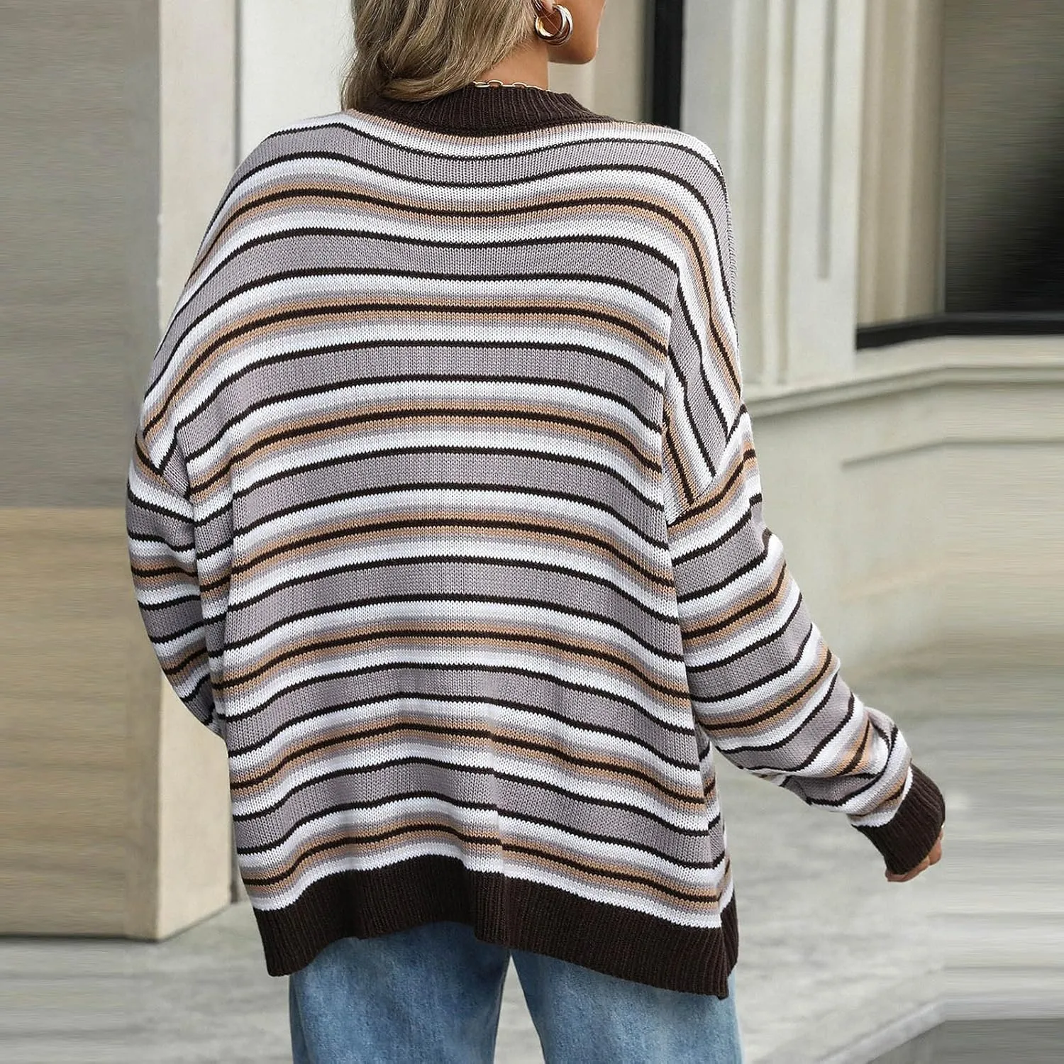 Womens Ribbed Knit Sweaters 2024 Oversized Fall Long Spilt Hem Tunic Pullover Tops Crew Neck Striped Jumper Tops