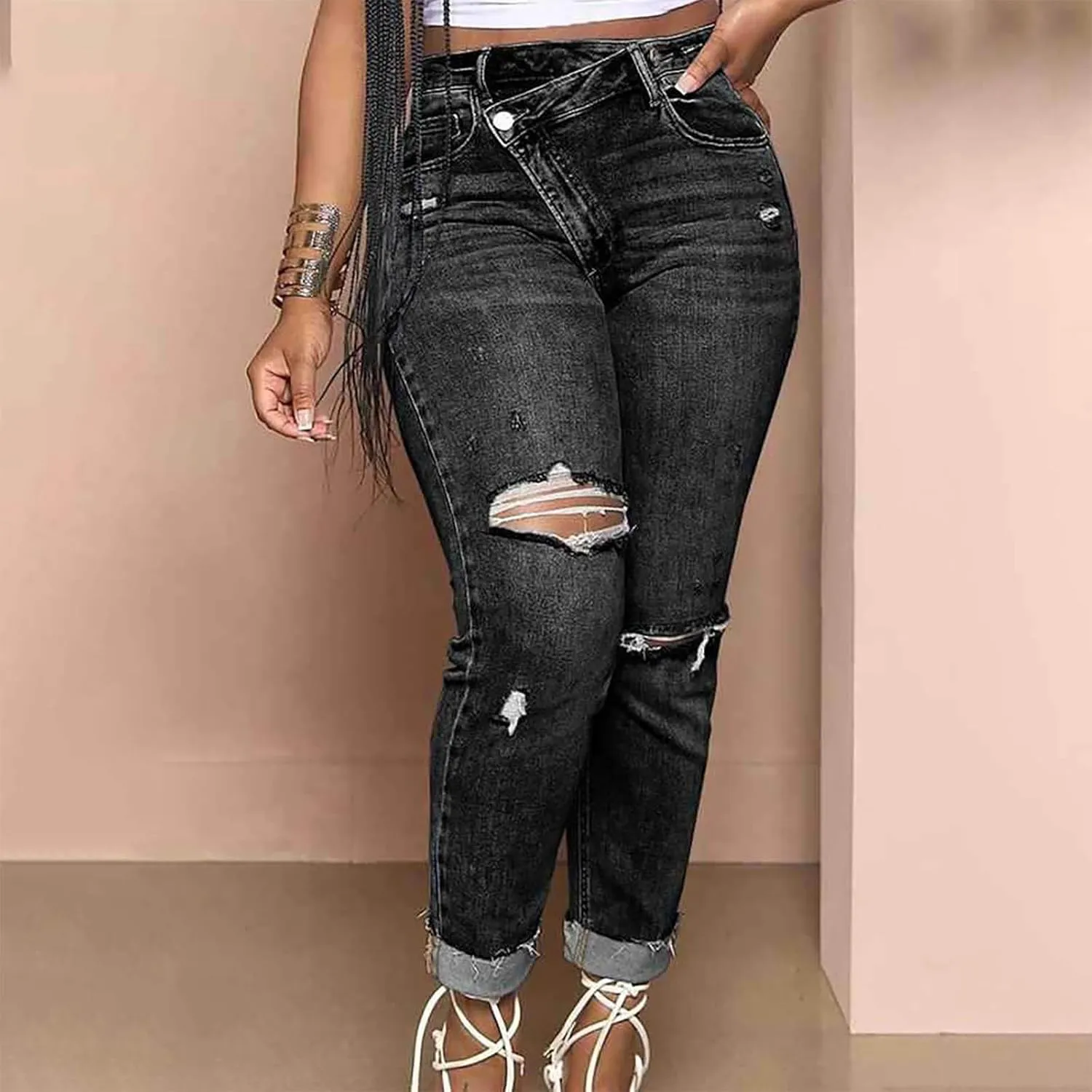Women's Ripped Skinny Jeans High Waisted Stretchy Denim Pants Slim Fit Destroyed Distressed Jean Pants for Women