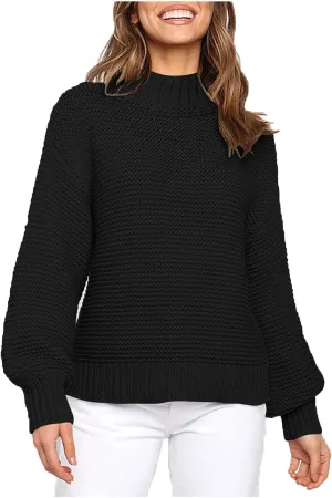 Women's Solid Knit Cable Sweater 2024 Fashion Casual Long Lantern Sleeve Pullover Crew Neck Knitted Jumper Tops