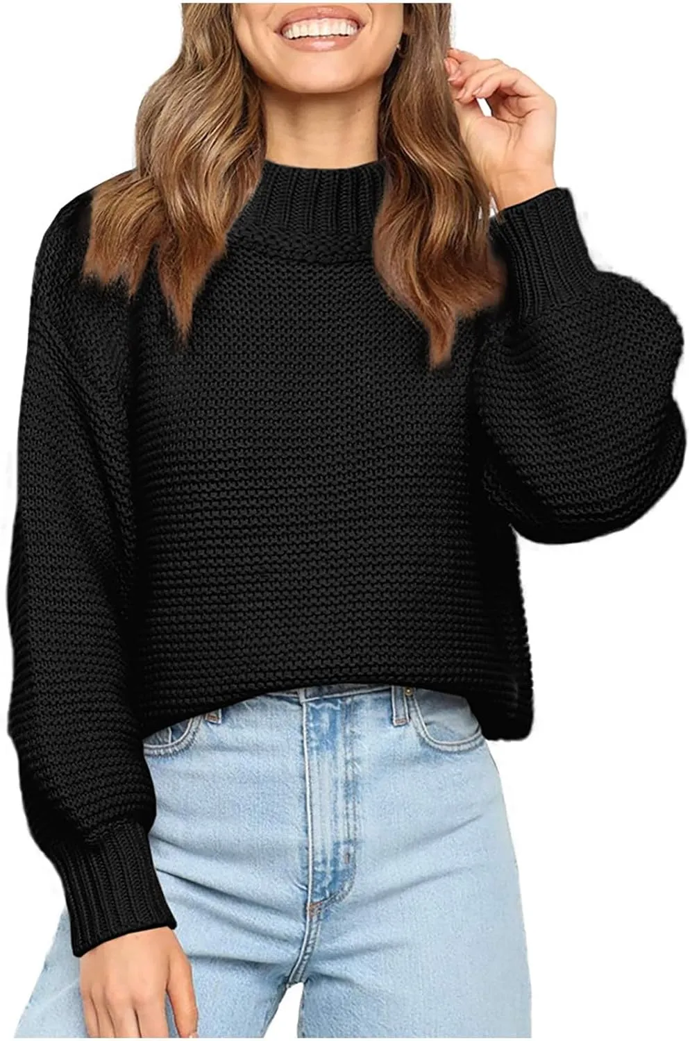 Women's Solid Knit Cable Sweater 2024 Fashion Casual Long Lantern Sleeve Pullover Crew Neck Knitted Jumper Tops