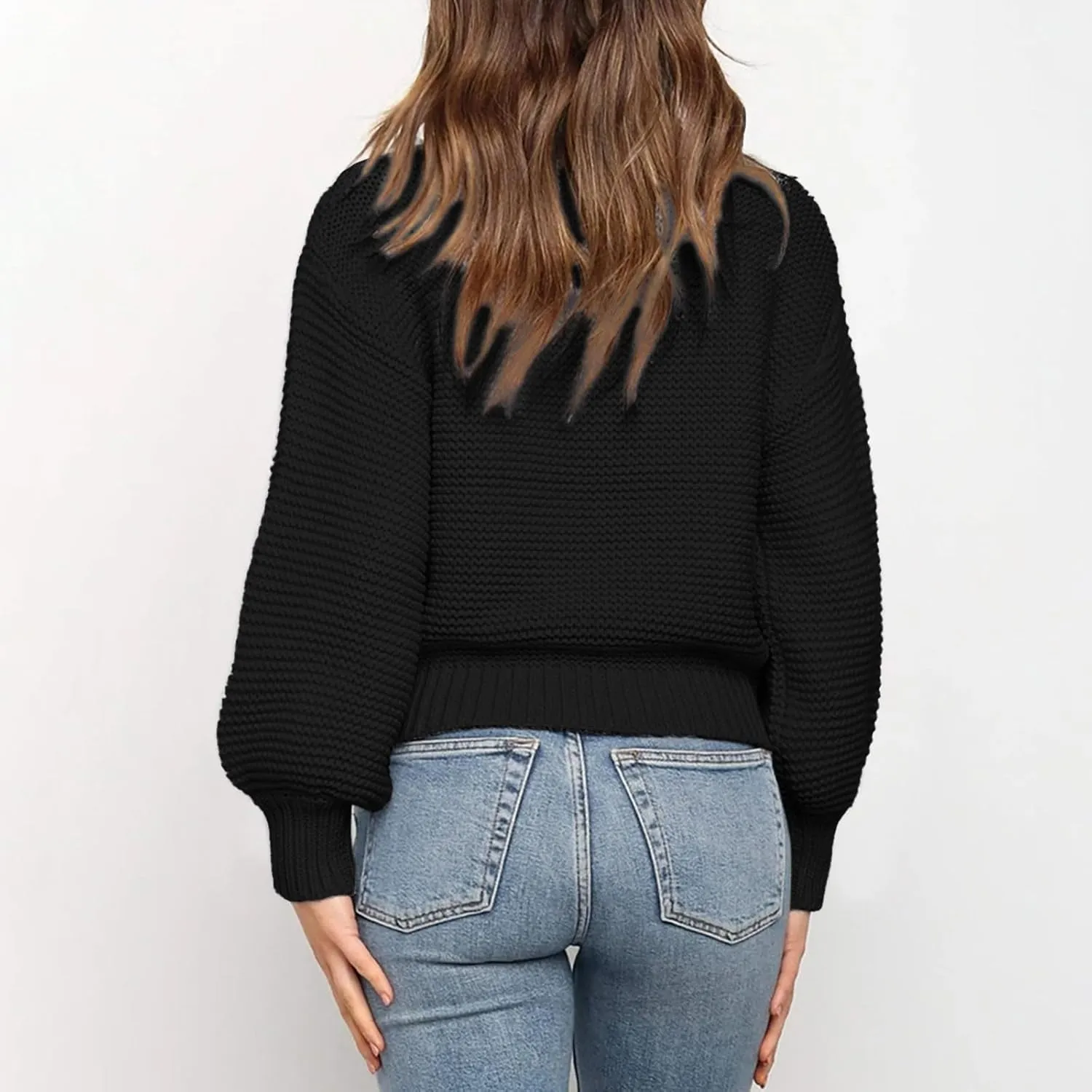 Women's Solid Knit Cable Sweater 2024 Fashion Casual Long Lantern Sleeve Pullover Crew Neck Knitted Jumper Tops