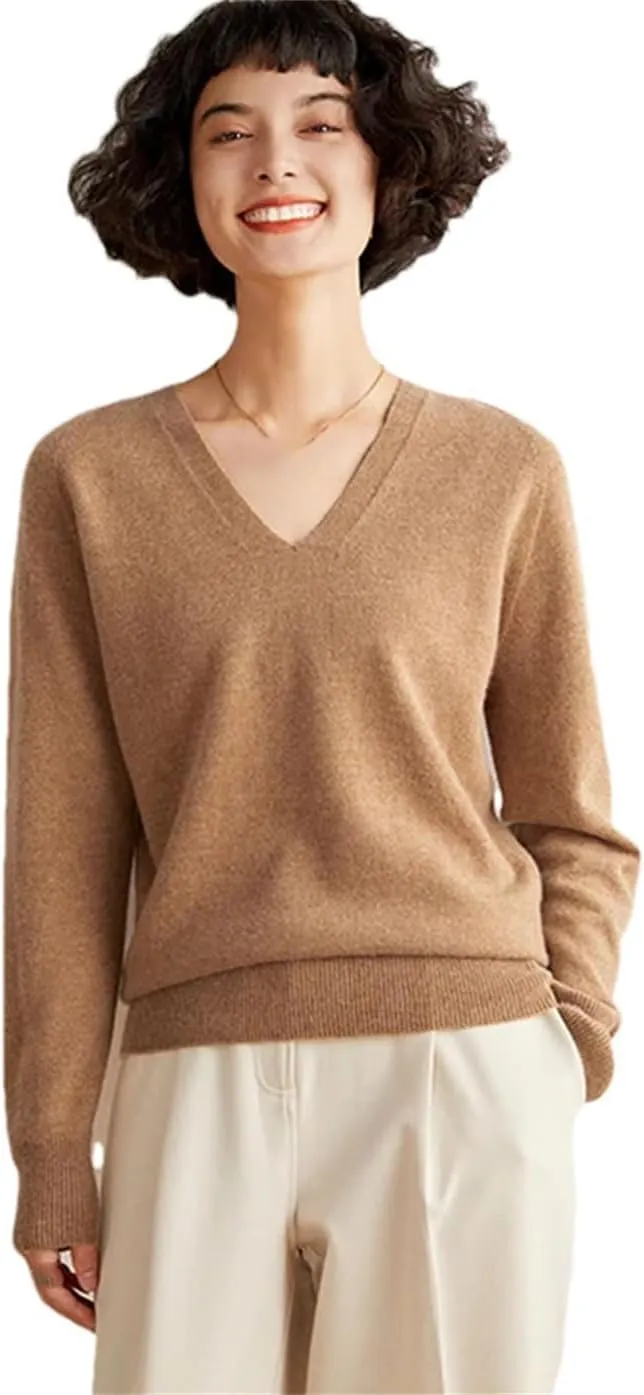 Women's Spring Winter Cashmere Sweater Casual Solid Knitted Sweater V-Neck Loose Tops