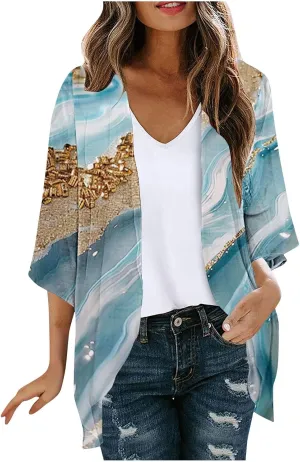 Womens Summer Tops Chiffon Kimono Cardigans Open Front Casual Blouses Lightweight Loose Fit Beach Bolero Jackets