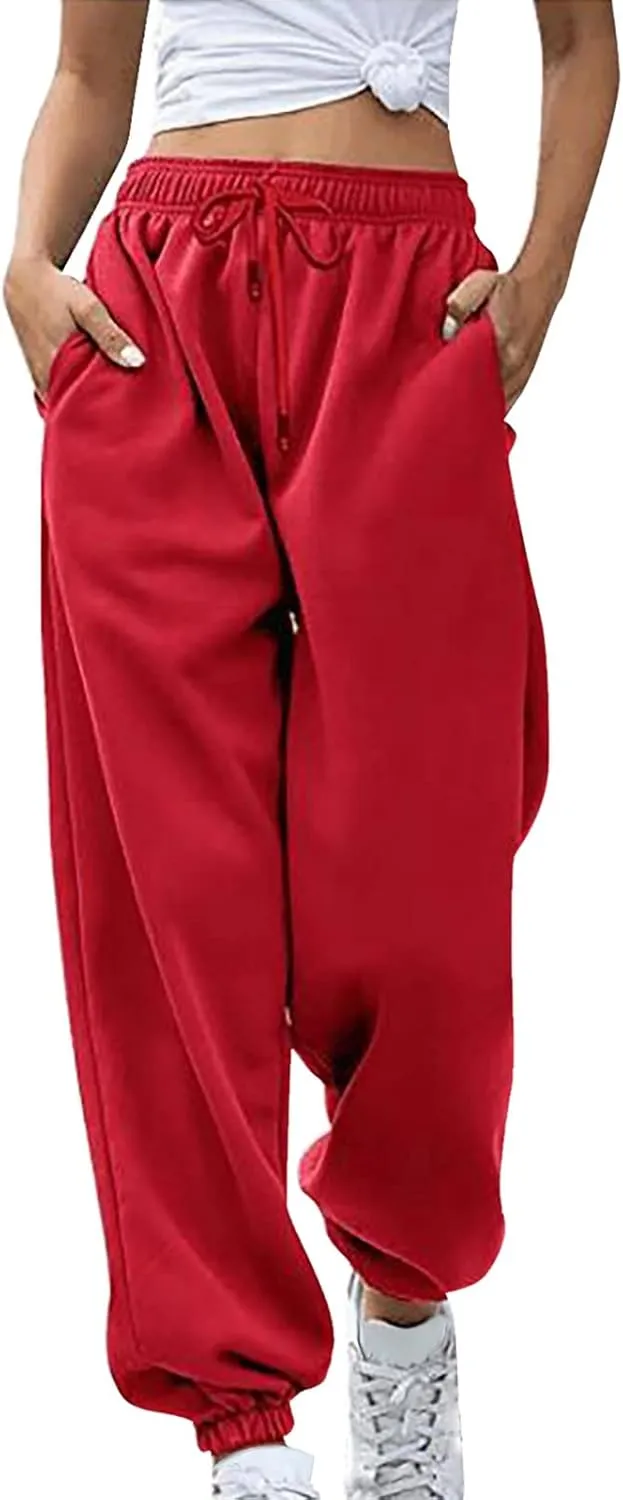 Women's Sweatpants with Pockets Fall Winter Warm High Waisted Drawstring Lounge Sweat Pants Baggy Running Joggers