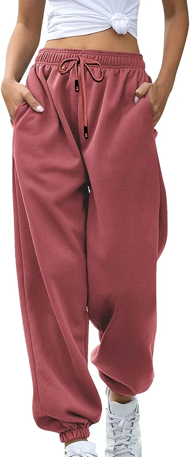 Women's Sweatpants with Pockets Fall Winter Warm High Waisted Drawstring Lounge Sweat Pants Baggy Running Joggers