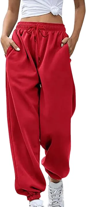 Women's Sweatpants with Pockets Fall Winter Warm High Waisted Drawstring Lounge Sweat Pants Baggy Running Joggers
