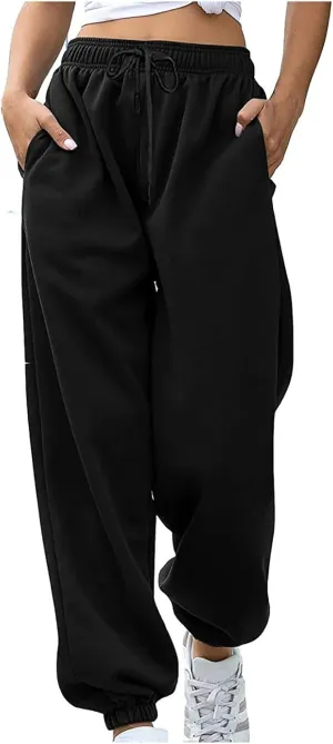 Women's Sweatpants with Pockets Fall Winter Warm High Waisted Drawstring Lounge Sweat Pants Baggy Running Joggers