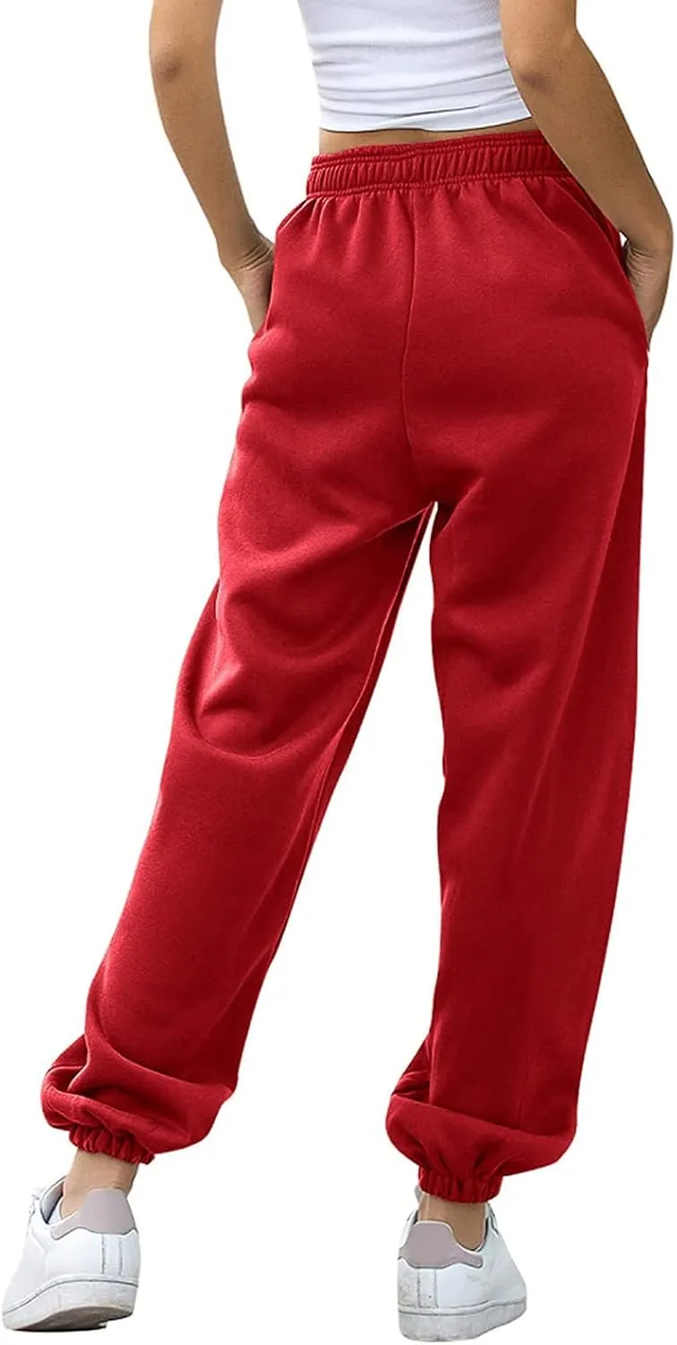 Women's Sweatpants with Pockets Fall Winter Warm High Waisted Drawstring Lounge Sweat Pants Baggy Running Joggers