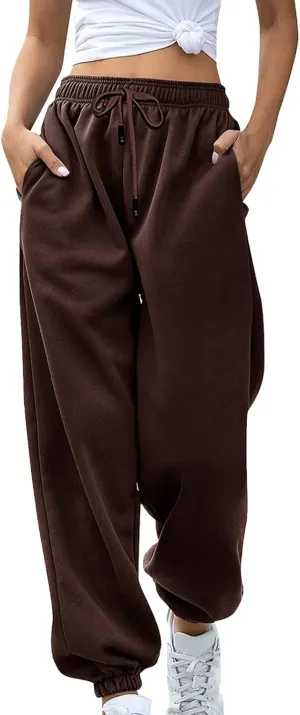 Women's Sweatpants with Pockets Fall Winter Warm High Waisted Drawstring Lounge Sweat Pants Baggy Running Joggers