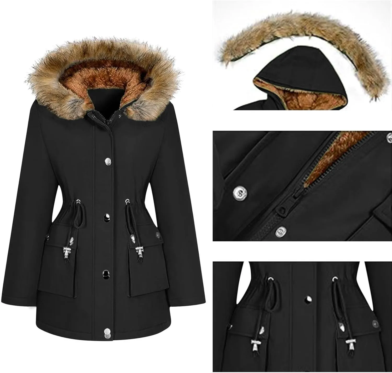 Women's Thicken Sherpa Winter Coat Puffy Warm Snow Jacket With Removable Hood Faux Fur Solid Color Short Coat Parka