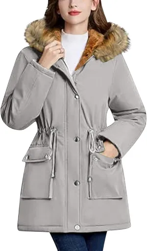 Women's Thicken Sherpa Winter Coat Puffy Warm Snow Jacket With Removable Hood Faux Fur Solid Color Short Coat Parka