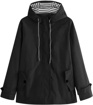 Womens Trench Coat Lightweight Casual Outdoor Sport Jacket Hooded Zip Up Long Sleeve Windproof Jackets with Pockets