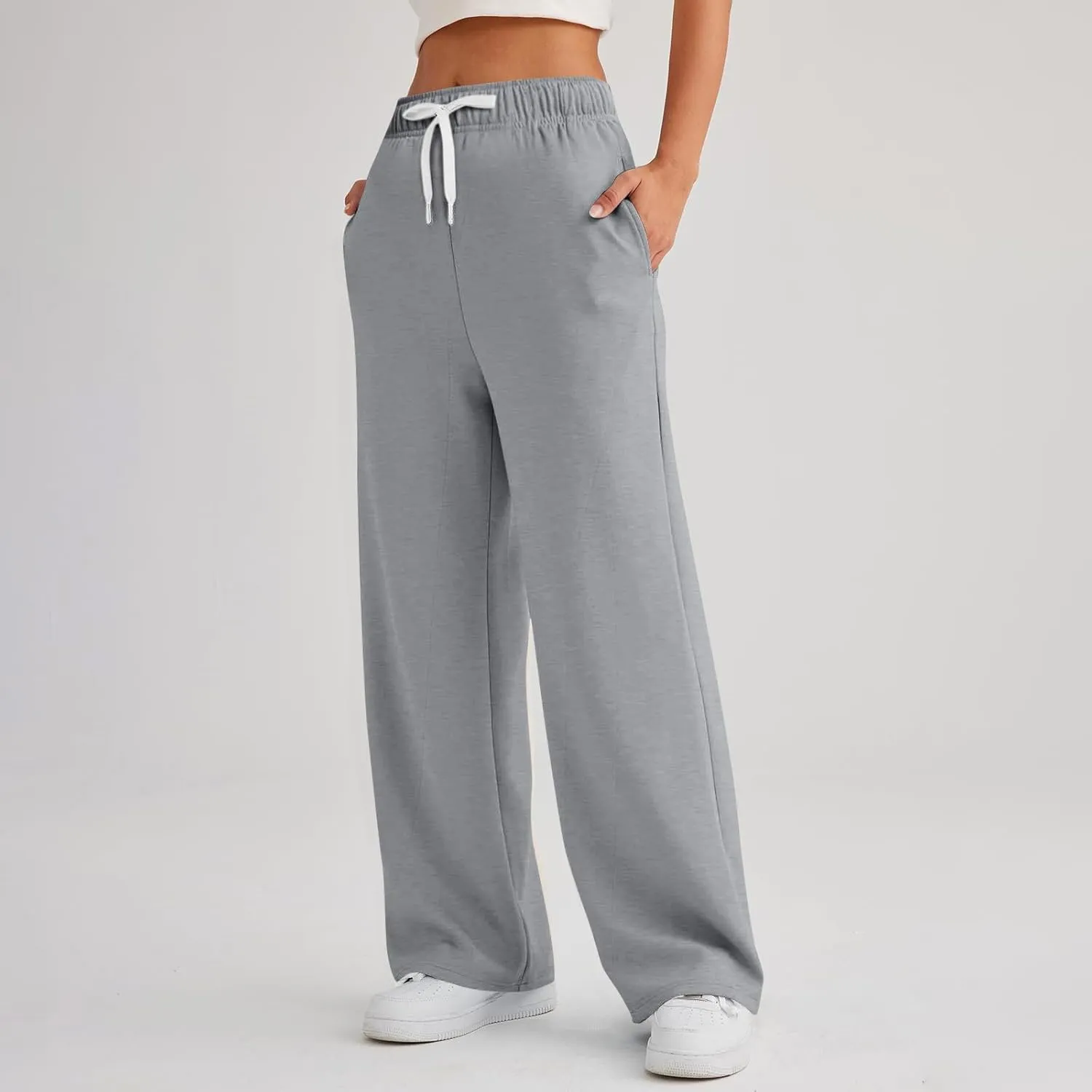 Womens Wide Leg Pants Elastic Waist Baggy Sweatpants High Waisted Lounge Pants Straight Leg Yoga Pants with Pockets