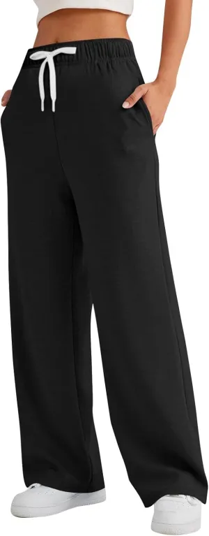 Womens Wide Leg Pants Elastic Waist Baggy Sweatpants High Waisted Lounge Pants Straight Leg Yoga Pants with Pockets