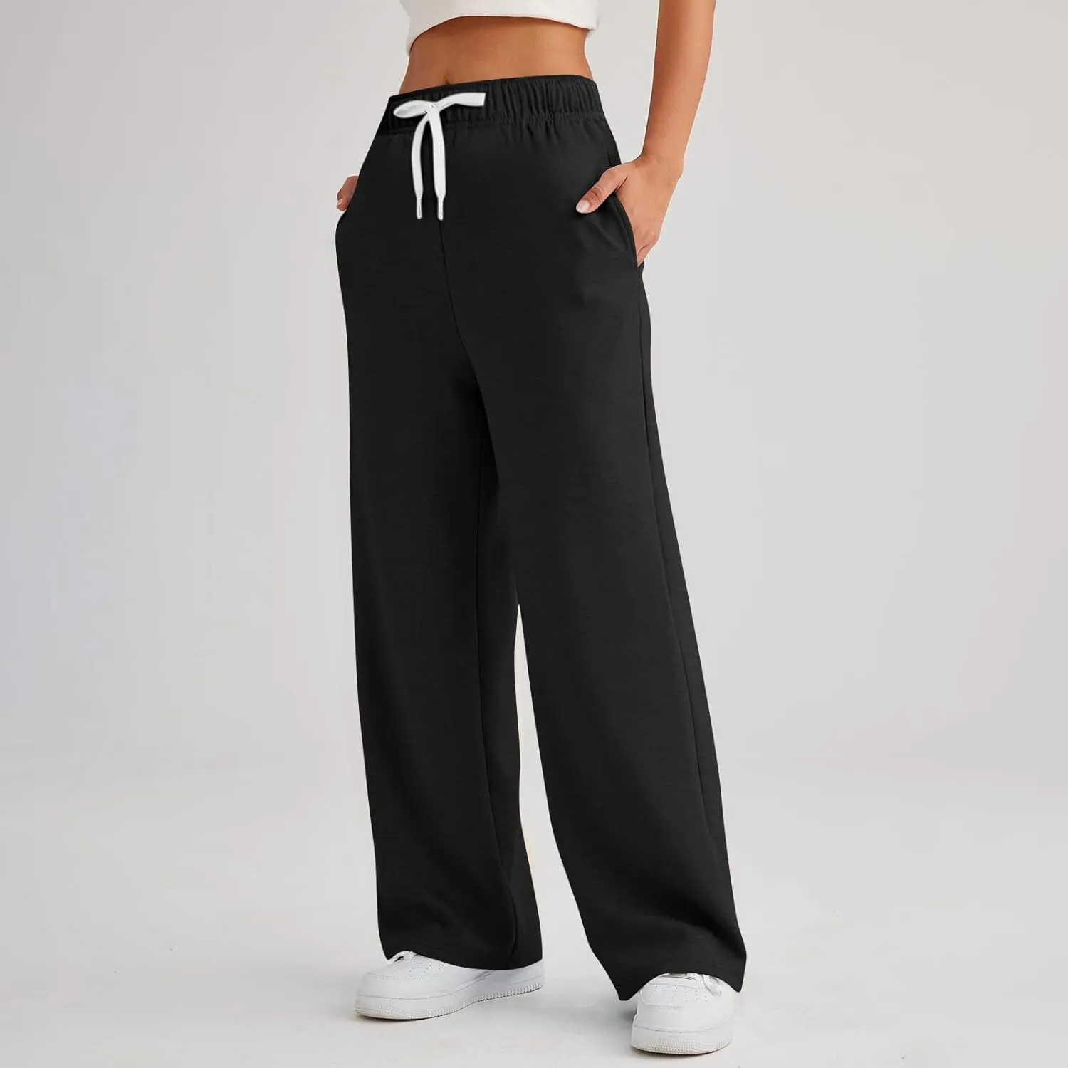 Womens Wide Leg Pants Elastic Waist Baggy Sweatpants High Waisted Lounge Pants Straight Leg Yoga Pants with Pockets