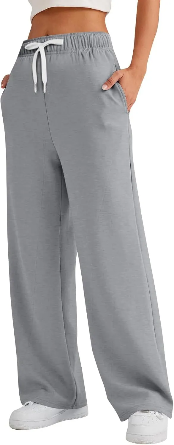 Womens Wide Leg Pants Elastic Waist Baggy Sweatpants High Waisted Lounge Pants Straight Leg Yoga Pants with Pockets