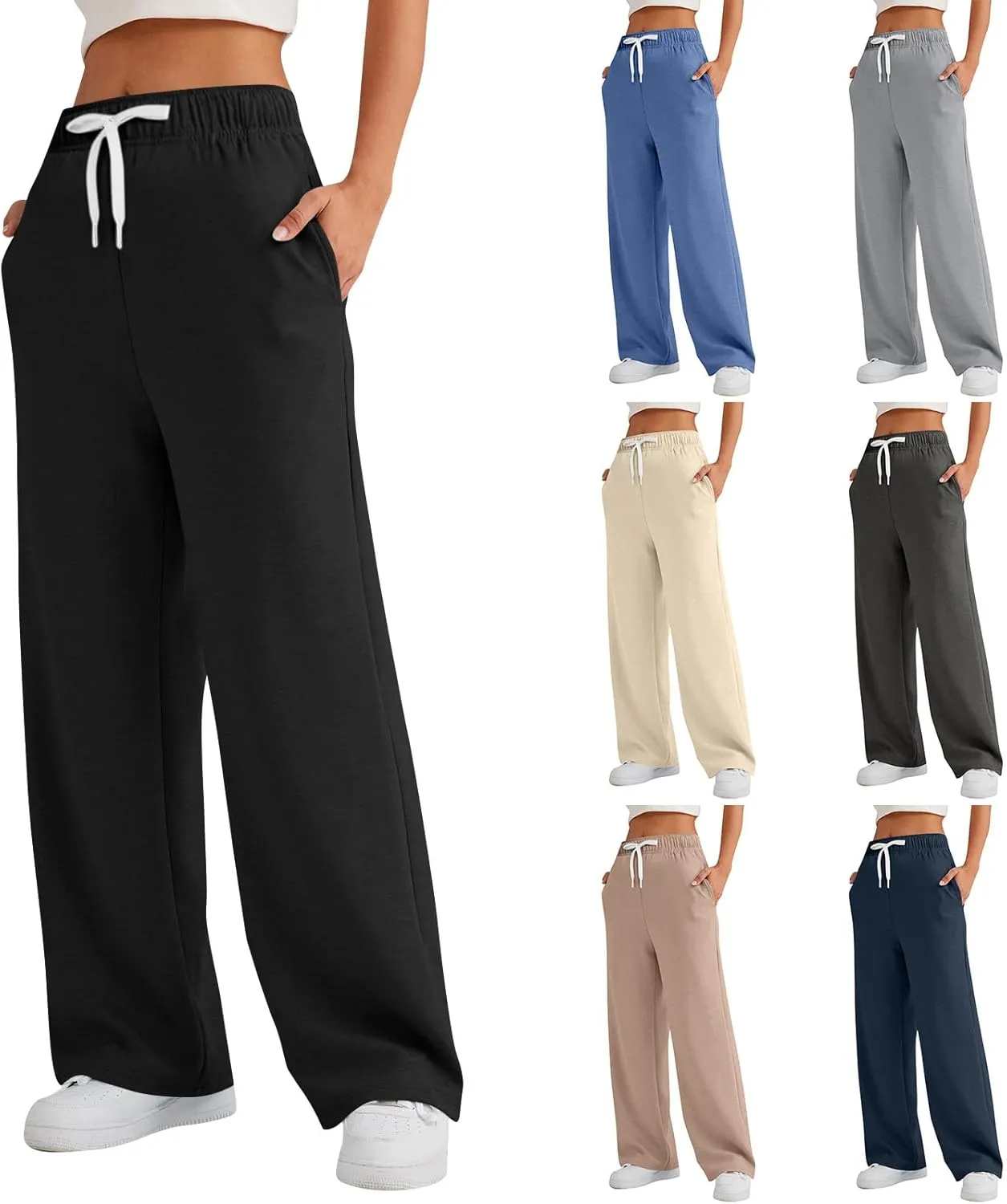 Womens Wide Leg Pants Elastic Waist Baggy Sweatpants High Waisted Lounge Pants Straight Leg Yoga Pants with Pockets
