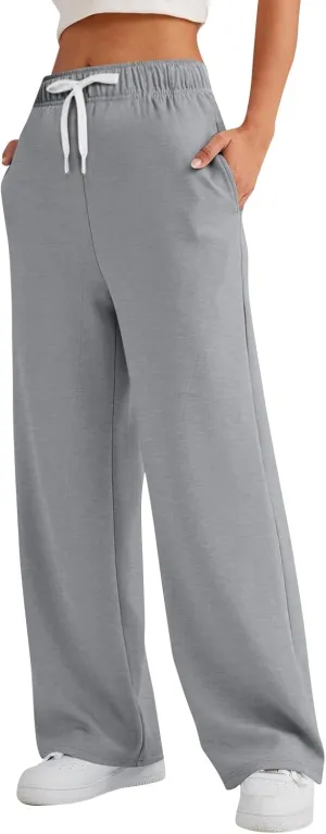 Womens Wide Leg Pants Elastic Waist Baggy Sweatpants High Waisted Lounge Pants Straight Leg Yoga Pants with Pockets