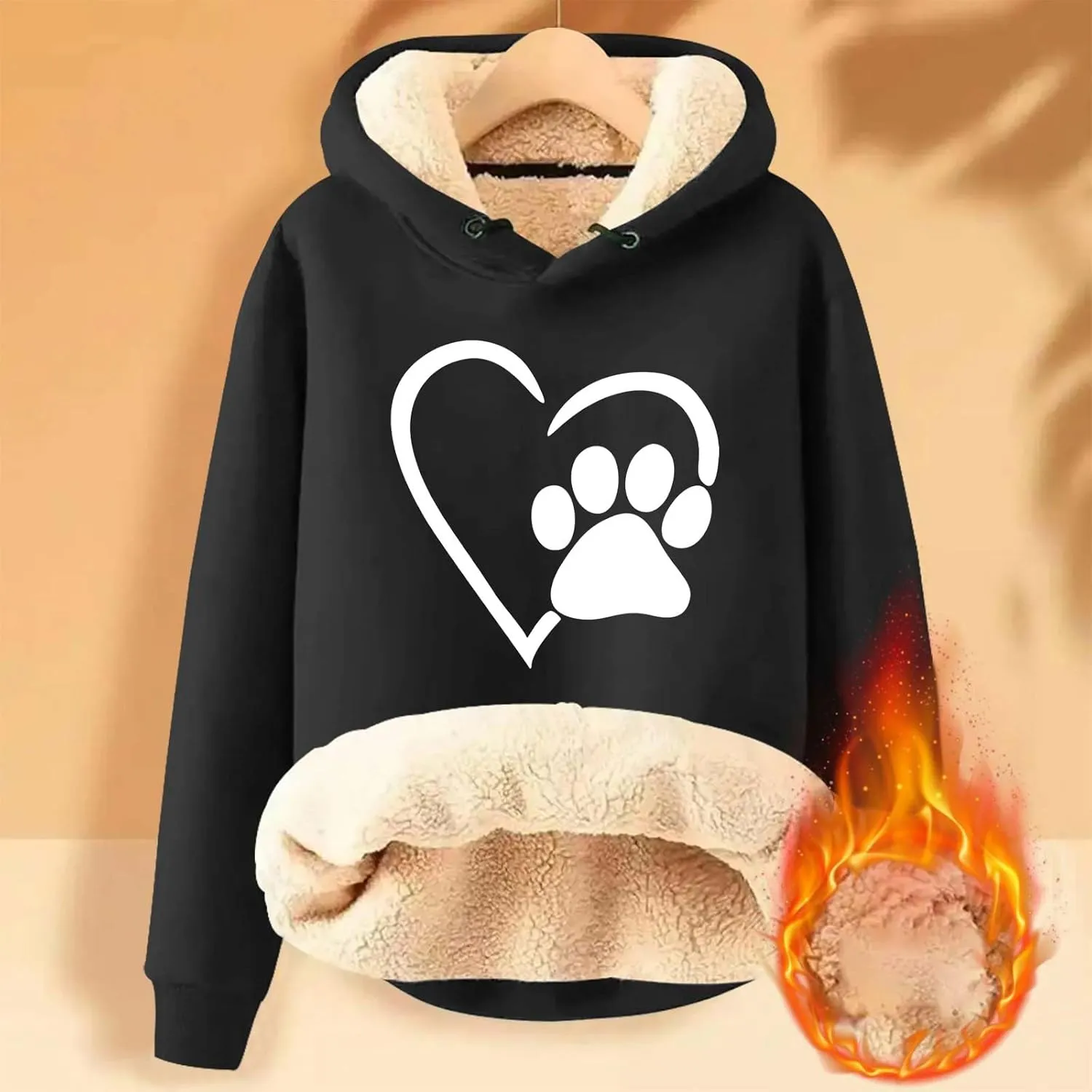 Women's Winter Warm Hoodie Sherpa Fleece Lined Pullover Dog Paw Heart Print Heavyweight Hooded Sweatshirts