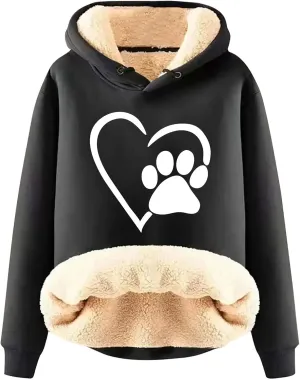 Women's Winter Warm Hoodie Sherpa Fleece Lined Pullover Dog Paw Heart Print Heavyweight Hooded Sweatshirts