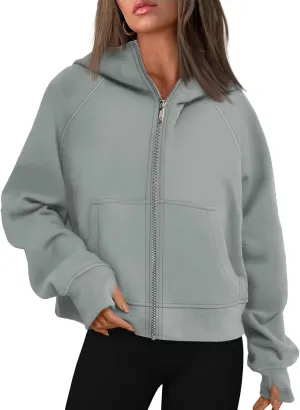 Womens Zip Up Cropped Hoodies Fleece Full Zipper Sweatshirts Pullover Winter Clothes Sweater Heavy Jackets for