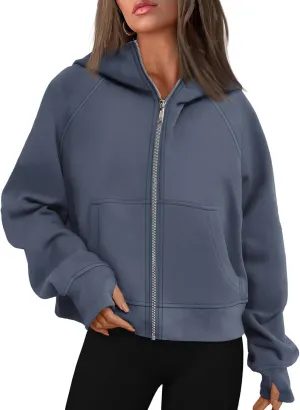 Womens Zip Up Cropped Hoodies Fleece Full Zipper Sweatshirts Pullover Winter Clothes Sweater Heavy Jackets for