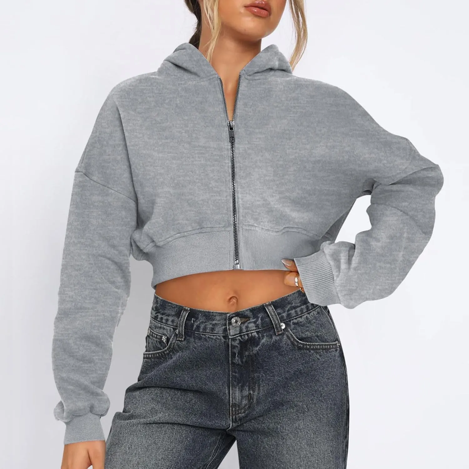 Women's Zip Up Cropped Hoodies Fleece Lined Hooded Sweatshirt Long Sleeve Sweatshirts Workout Short Sweater Comfy Top