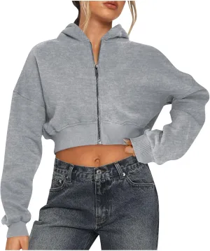Women's Zip Up Cropped Hoodies Fleece Lined Hooded Sweatshirt Long Sleeve Sweatshirts Workout Short Sweater Comfy Top