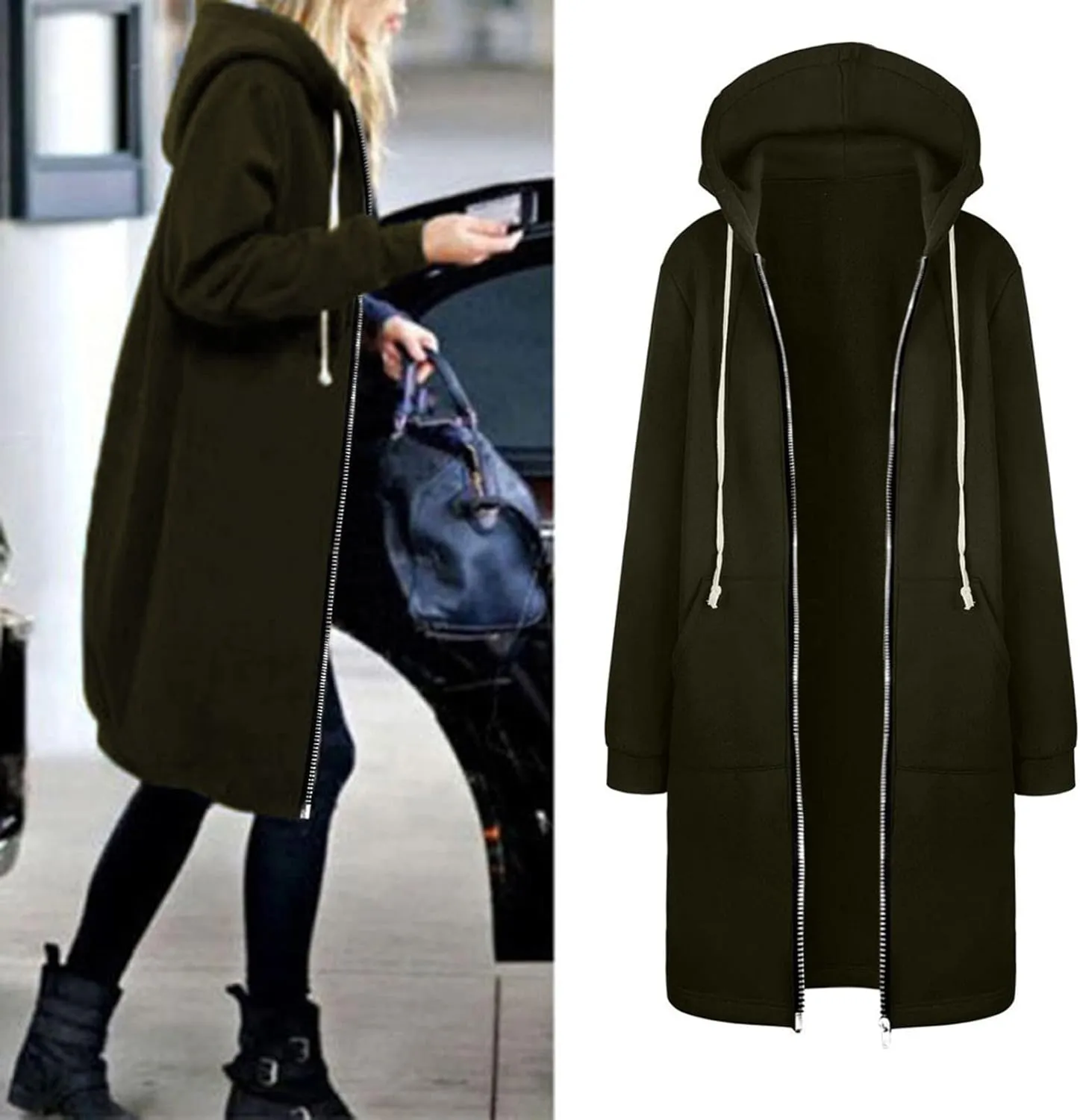 Women's Zip Up Hooded Cardigan Jacket Winter Thermal Lightweight Oversized Long Sweatshirt Work Office Casual Outwear