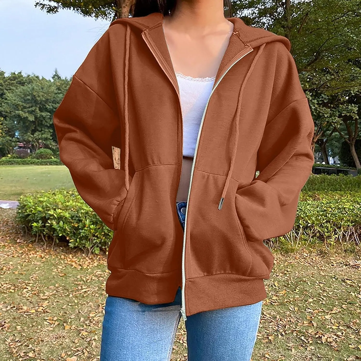 Women's Zip Up Hoodies Casual Fall Fashion Oversized Sweatshirts Y2K Teen Girl Cute Long Sleeve Jackets with Pockets
