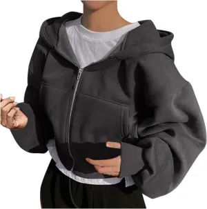 XUNRYAN Womens Cropped Hoodies Winter Coats Lightweight Thin Fleece Jackets Hooded Warm Sweatshirts Outerwear Y2K Clothes