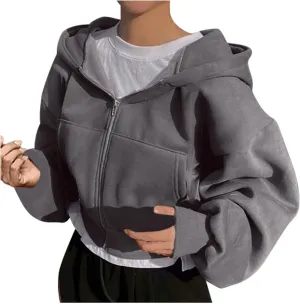 XUNRYAN Womens Cropped Hoodies Winter Coats Lightweight Thin Fleece Jackets Hooded Warm Sweatshirts Outerwear Y2K Clothes