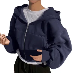 XUNRYAN Womens Cropped Hoodies Winter Coats Lightweight Thin Fleece Jackets Hooded Warm Sweatshirts Outerwear Y2K Clothes