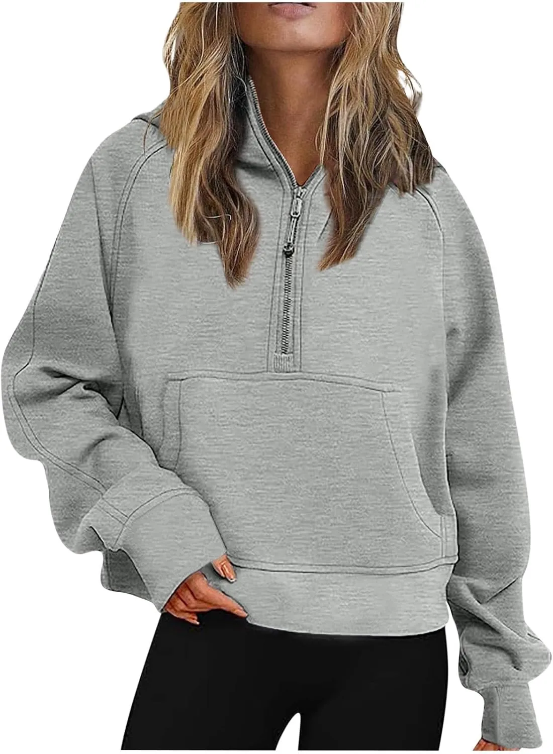 XUNRYAN Womens Quarter Zip Pullover Cropped Hoodies Long Sleeve Fleece Half Zip Sweatshirts Fall Outfits Clothes