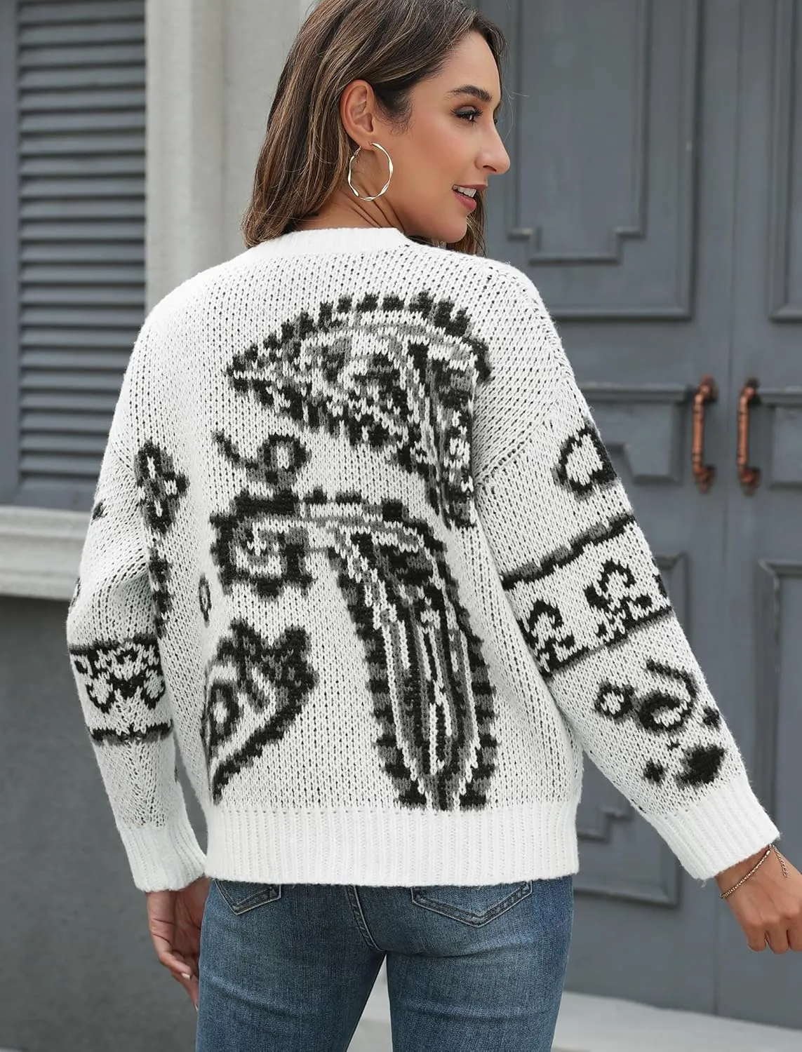 ZAFUL Womens Sweater Long Sleeve Crewneck 2024 Fashion Print Cute Oversized Chunky Knit Pullover Blouse Tops Jumpers