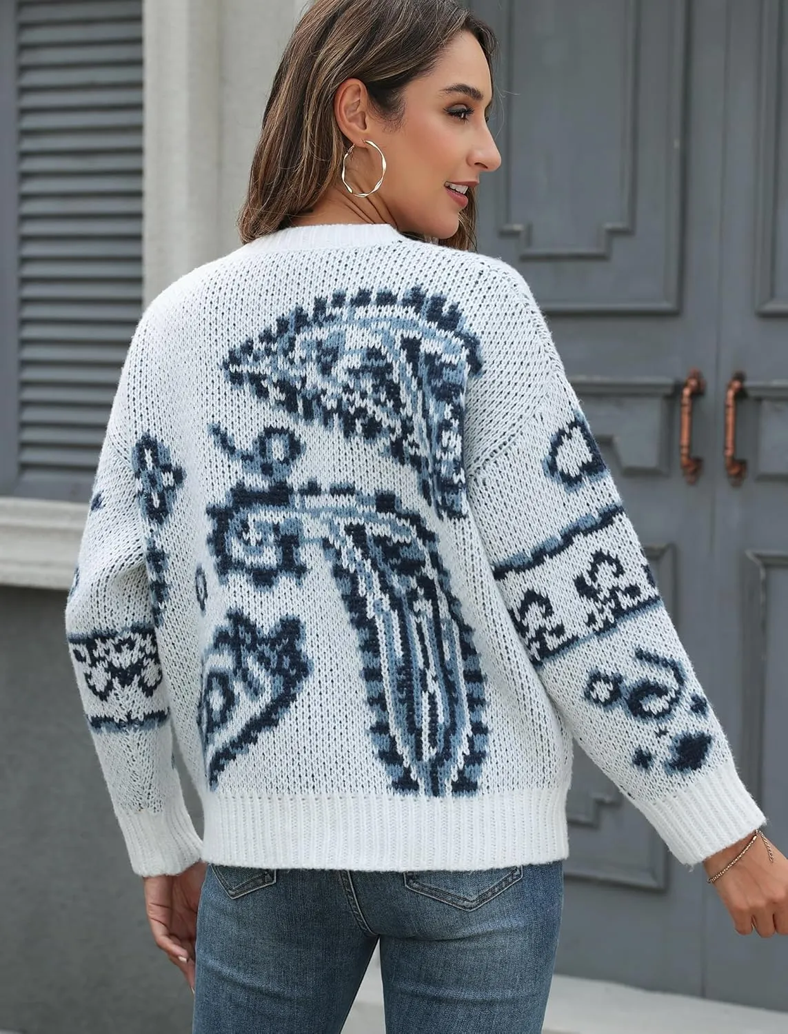 ZAFUL Womens Sweater Long Sleeve Crewneck 2024 Fashion Print Cute Oversized Chunky Knit Pullover Blouse Tops Jumpers
