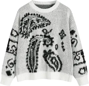 ZAFUL Womens Sweater Long Sleeve Crewneck 2024 Fashion Print Cute Oversized Chunky Knit Pullover Blouse Tops Jumpers